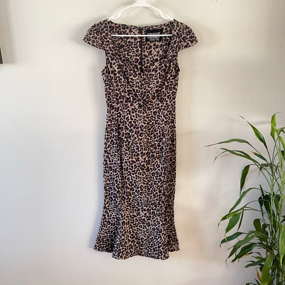 Anthropologie The Cecily Midi Dress Womens XS Brown Tan Animal Print Fit & Flare - Picture 2 of 9
